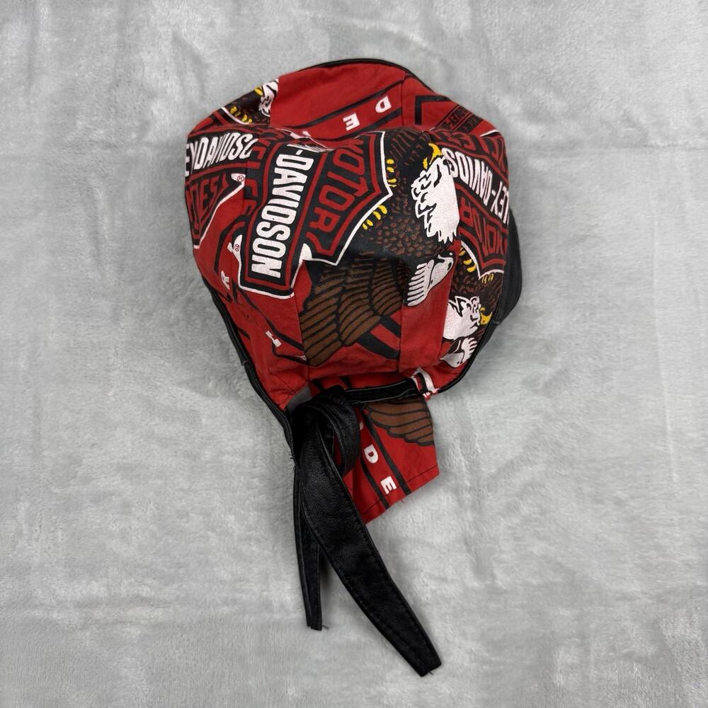 VTG Harley Davidson Red Do Rag Bandana Headwrap Leather Trim Motorcycle Gear Y2K - Picture 2 of 11
